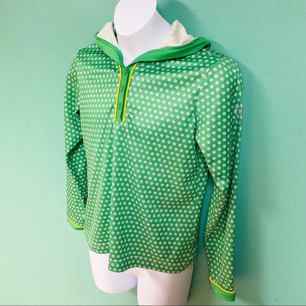 Lands End Green White Daisy Print Long Sleeve UPF 50 Sun Hoodie Rashguard 10/12